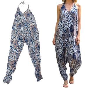 Buddha Pants Harem Jumpsuit Womens Large Blue Brown Animal Print The Cat Suit